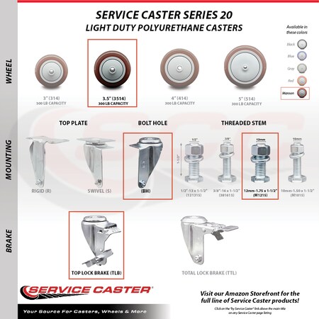 Service Caster 3.5 Inch SS Maroon Polyurethane Swivel 12mm Threaded Stem Caster Brake, 2PK SSTS20S3514-PPUB-MRN-TLB-M1215-2-S-2